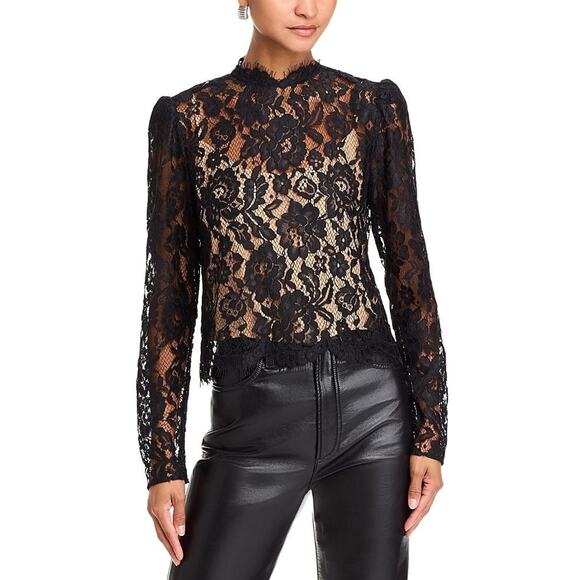 Wayf Nadia Black Lace Long Sleeve Top Size Medium - Picture 1 of 5